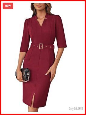 Women's Work Dress 3/4 Sleeve V Neck Bodycon Sheath Dress with Belt